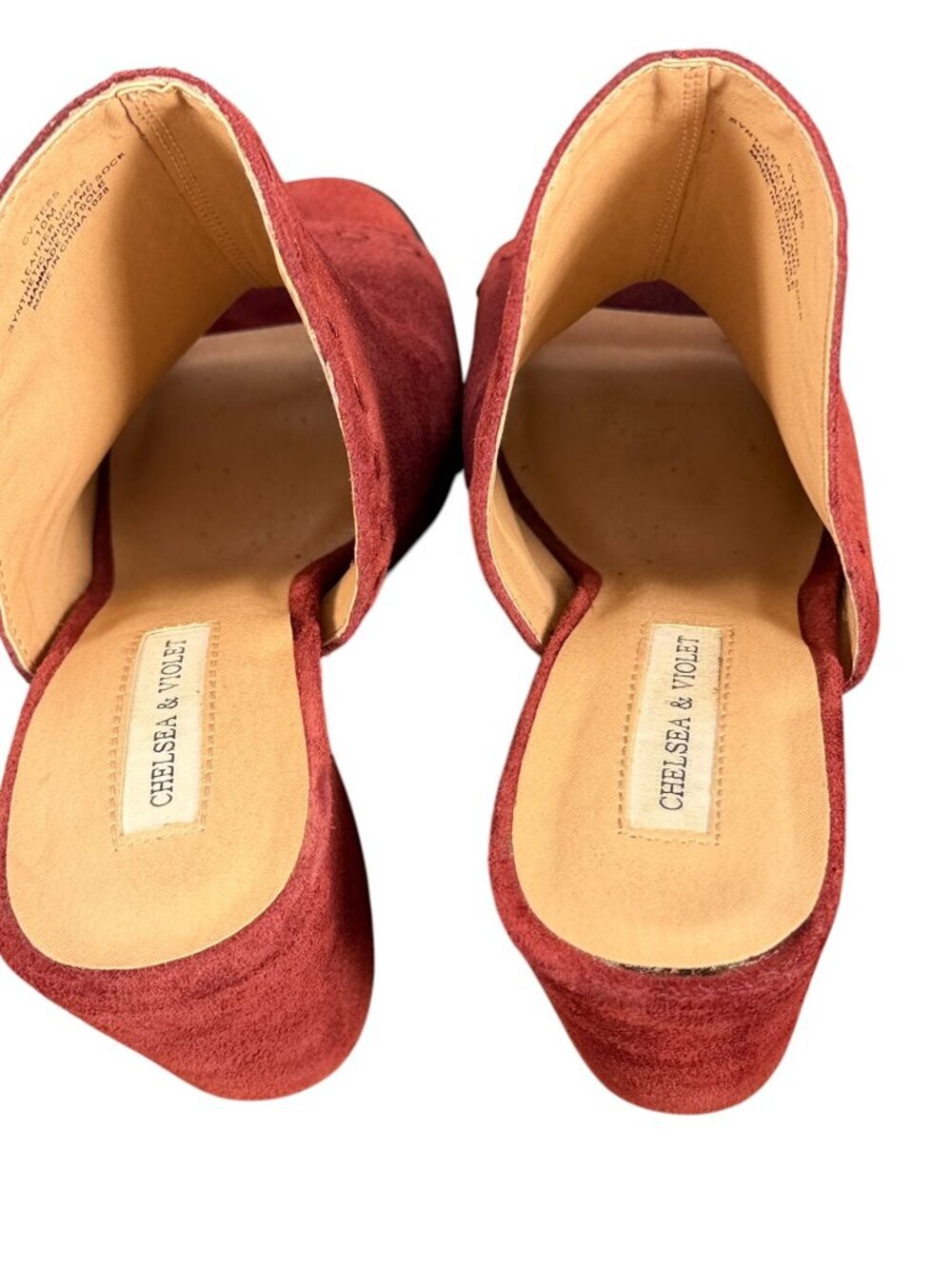 Chelsea & Violet Burgundy Faux Suede Peep Toe Mule Heels Size 10M Block Heel Boo - Picture 10 of 11